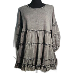 Laffaire Gray Acid Wash Soft Rayon Ruffled Top Blouse sz L